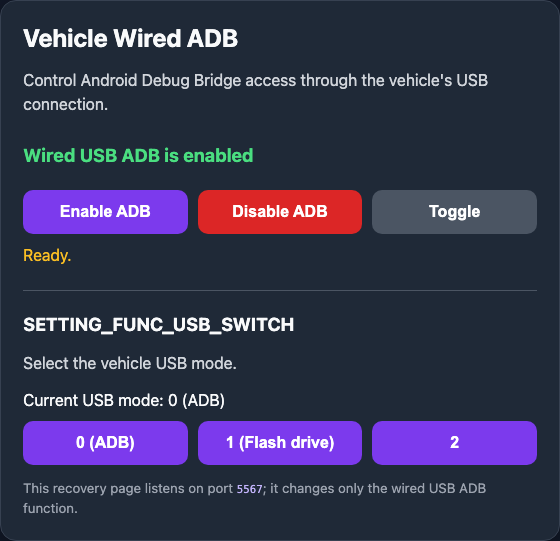 Browser control page for wired ADB and vehicle USB mode — click to enlarge