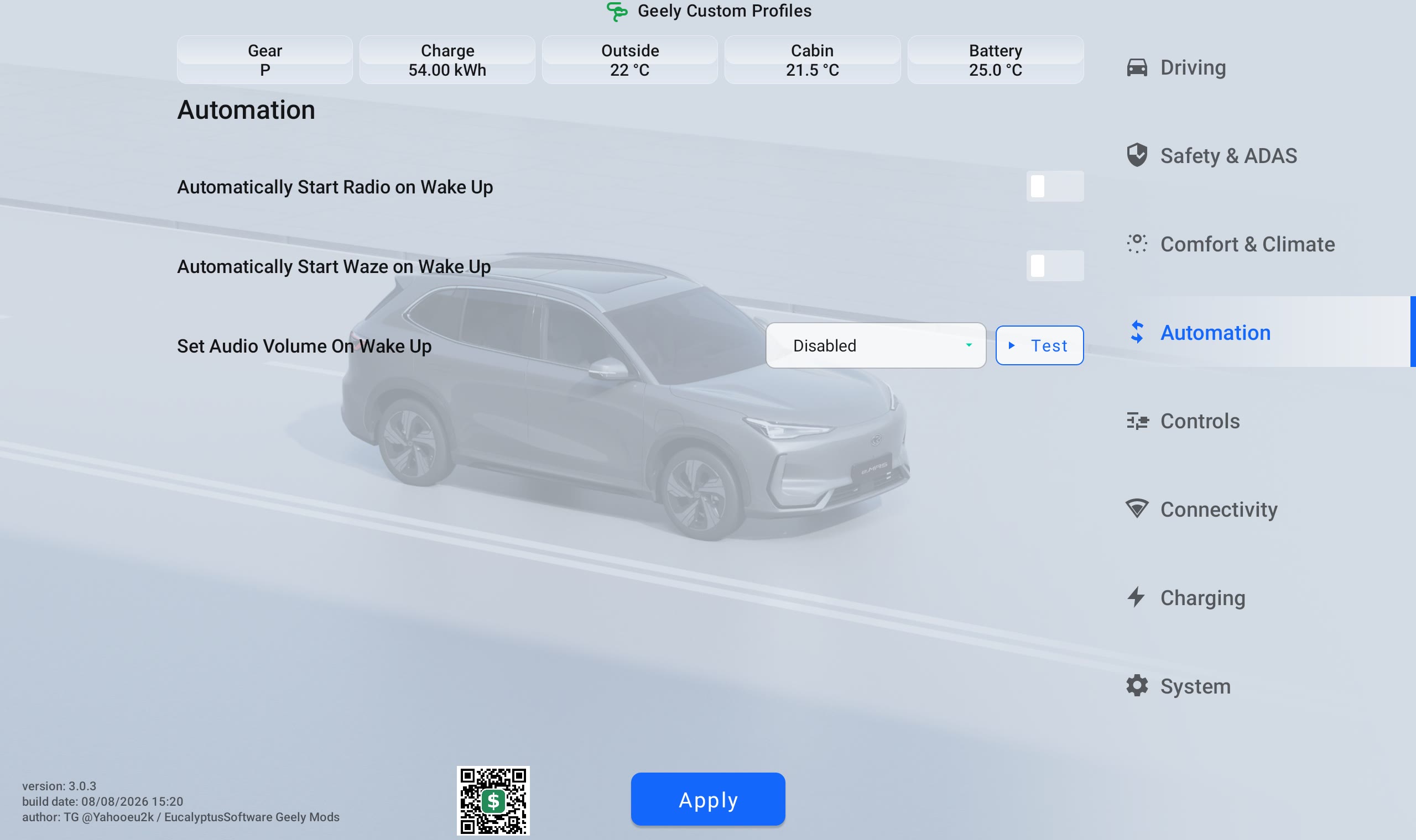 Geely Custom Profiles Automation menu