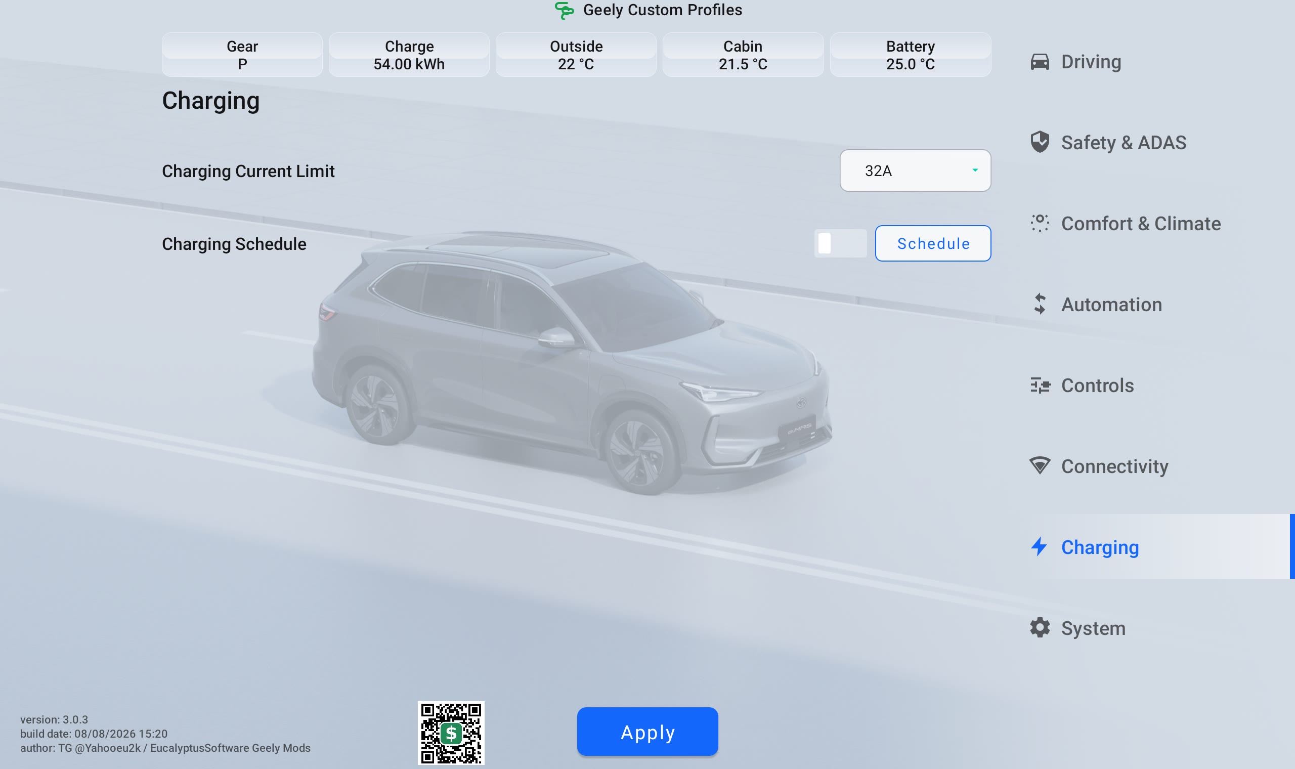 Geely Custom Profiles Charging menu