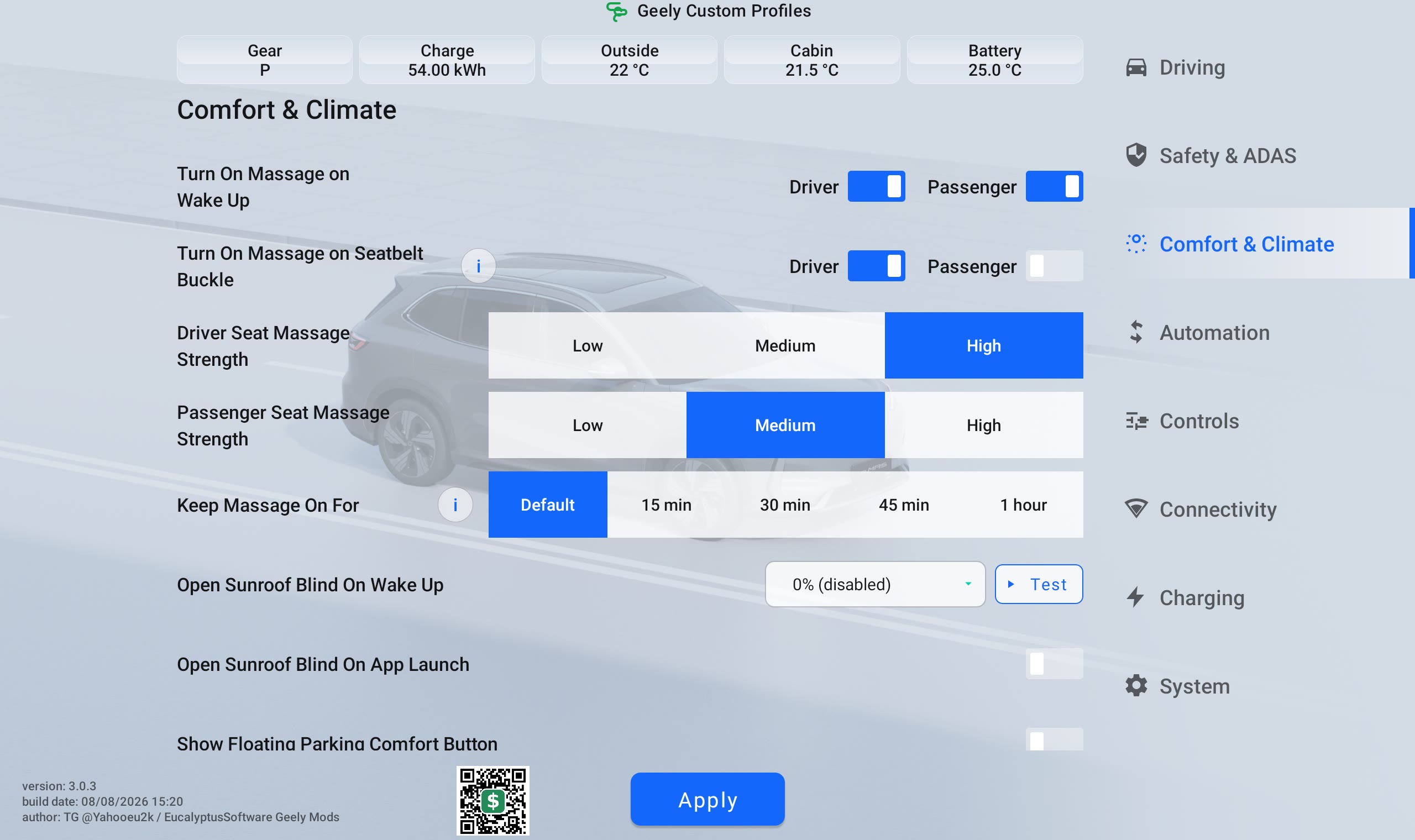 Geely Custom Profiles Comfort and Climate menu