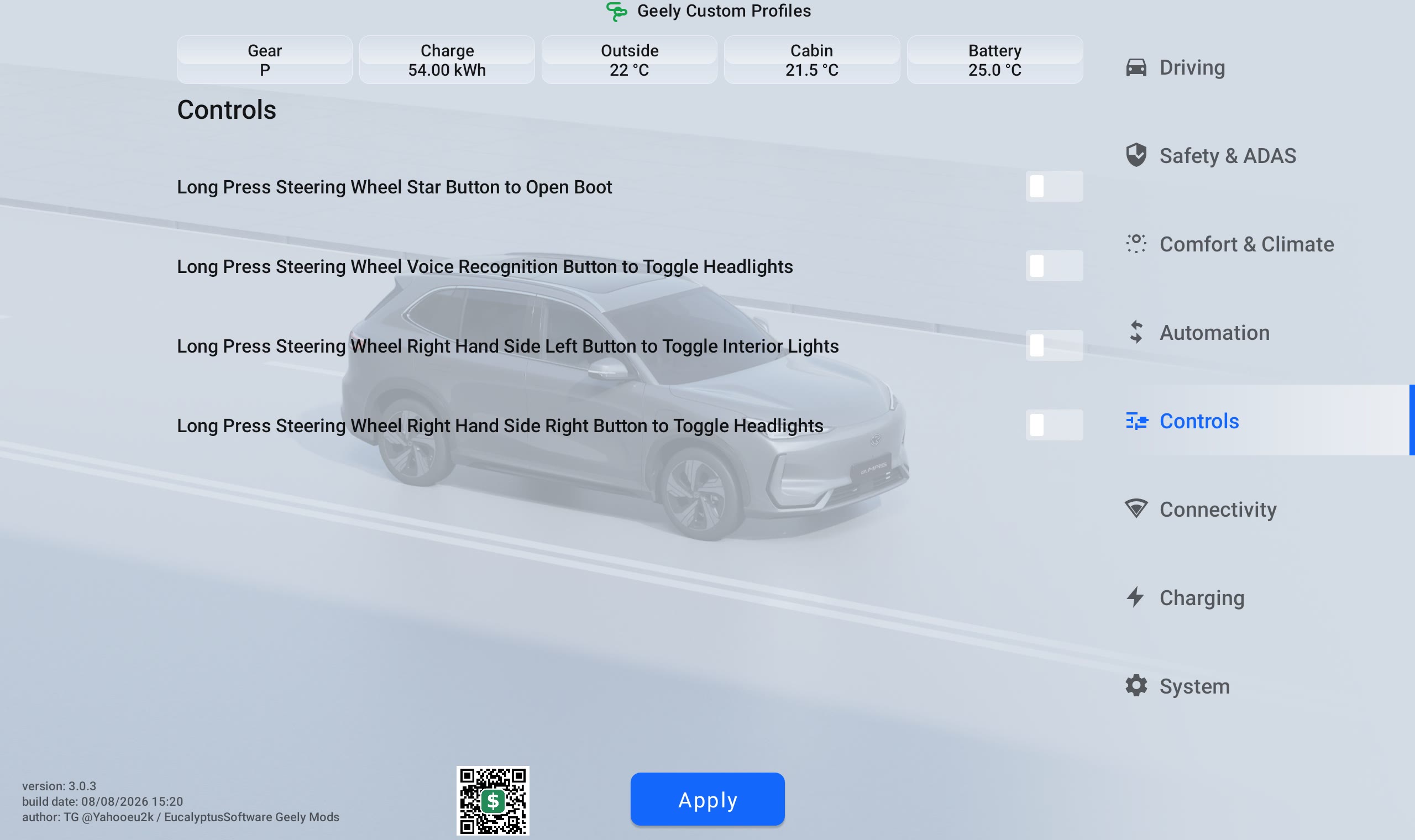 Geely Custom Profiles Controls menu