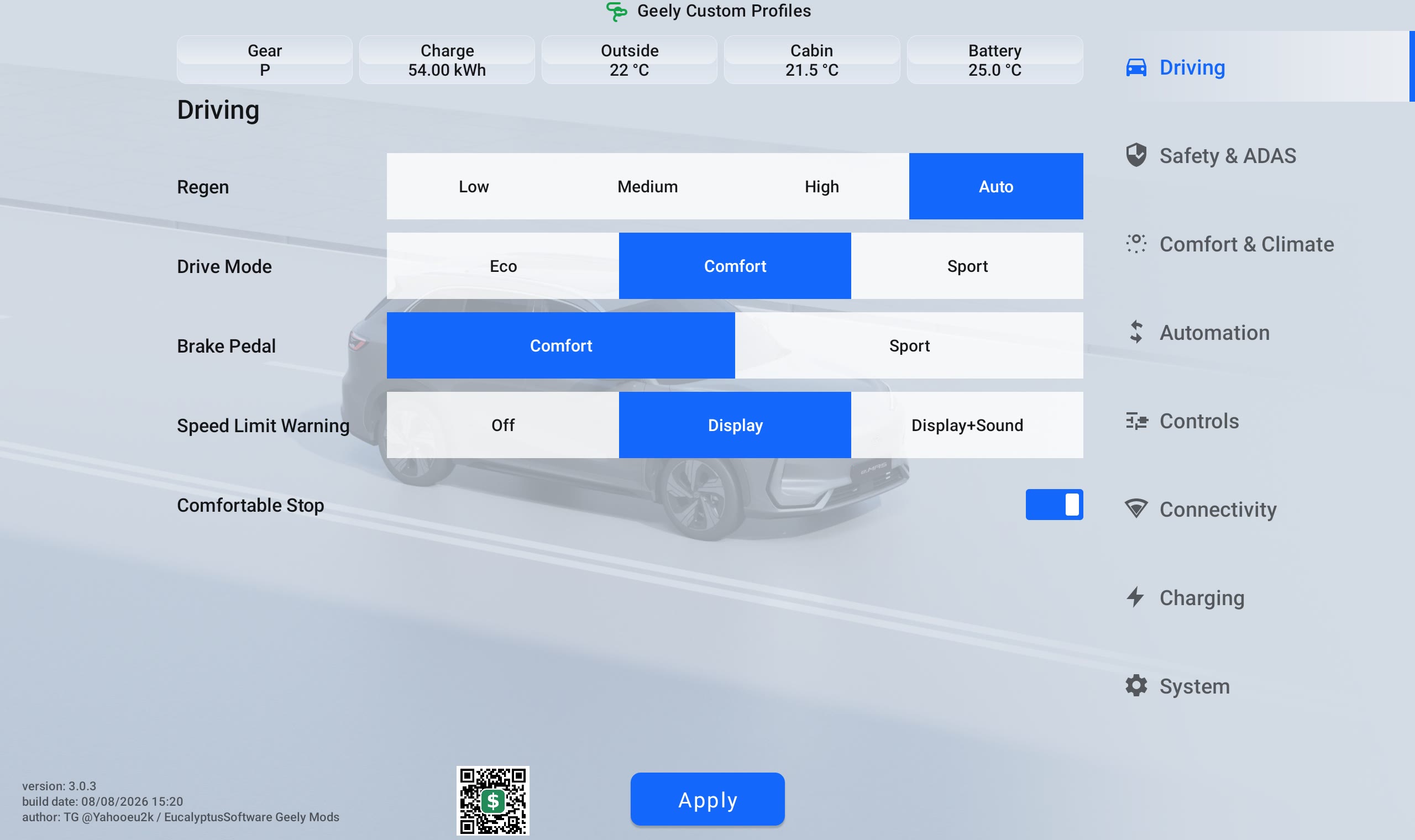 Geely Custom Profiles Driving menu