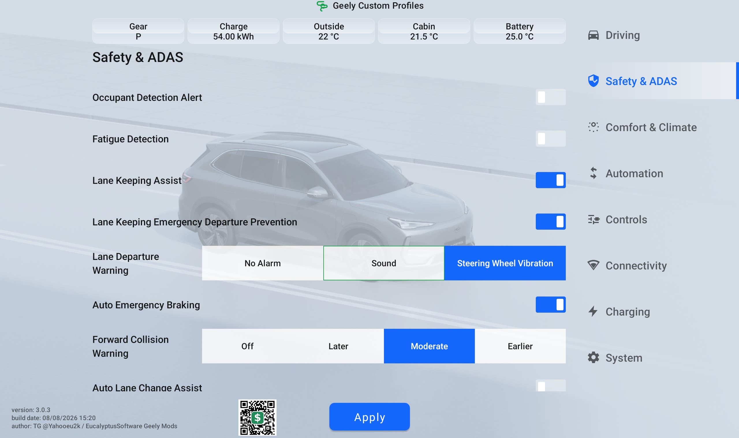 Geely Custom Profiles Safety and ADAS menu